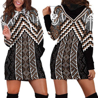 Maori Tukutuku Taniko Motifs Hoodie Dress Brown Poutama Mix Kowhaiwhai LT7 - Polynesian Pride