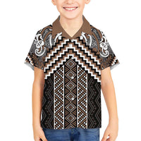 Maori Tukutuku Taniko Motifs Kid Hawaiian Shirt Brown Poutama Mix Kowhaiwhai LT7 Kid Brown - Polynesian Pride