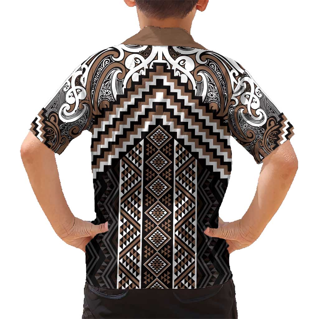 Maori Tukutuku Taniko Motifs Kid Hawaiian Shirt Brown Poutama Mix Kowhaiwhai LT7 - Polynesian Pride