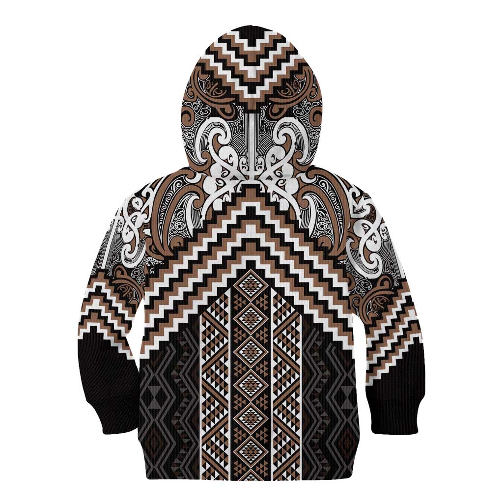Maori Tukutuku Taniko Motifs Kid Hoodie Brown Poutama Mix Kowhaiwhai LT7 - Polynesian Pride