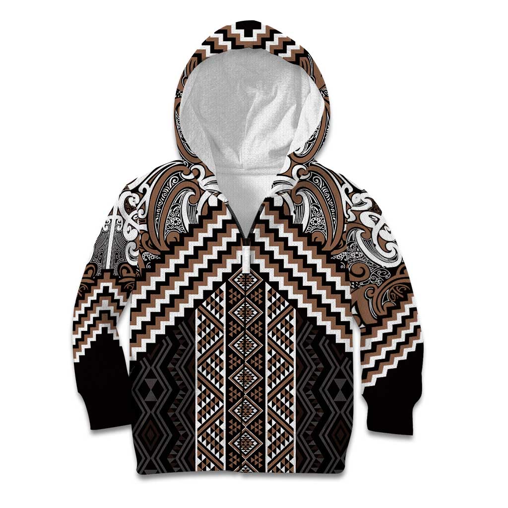 Maori Tukutuku Taniko Motifs Kid Hoodie Brown Poutama Mix Kowhaiwhai LT7 Zip Hoodie Brown - Polynesian Pride