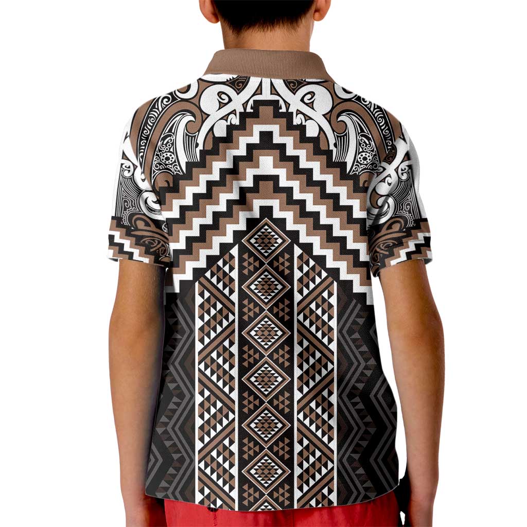 Maori Tukutuku Taniko Motifs Kid Polo Shirt Brown Poutama Mix Kowhaiwhai LT7 - Polynesian Pride