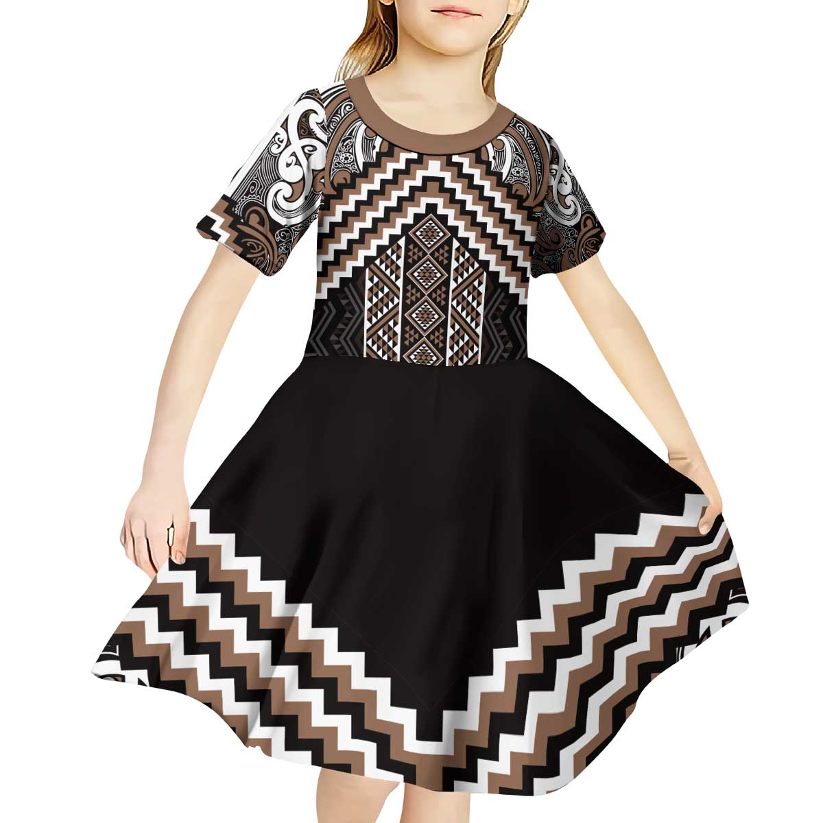 Maori Tukutuku Taniko Motifs Kid Short Sleeve Dress Brown Poutama Mix Kowhaiwhai LT7 - Polynesian Pride