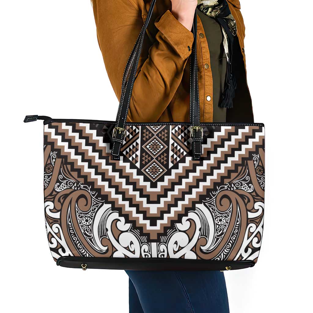 Maori Tukutuku Taniko Motifs Leather Tote Bag Brown Poutama Mix Kowhaiwhai LT7 - Polynesian Pride