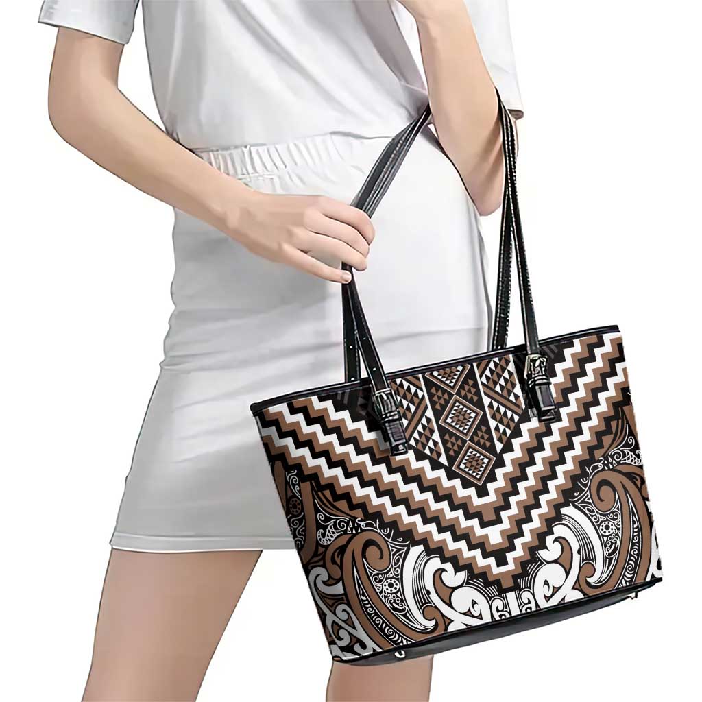 Maori Tukutuku Taniko Motifs Leather Tote Bag Brown Poutama Mix Kowhaiwhai LT7 - Polynesian Pride