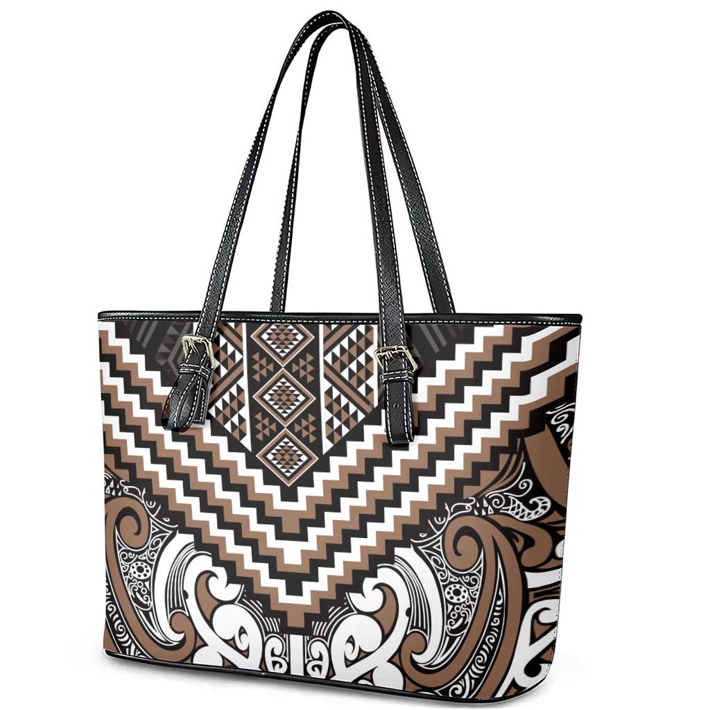 Maori Tukutuku Taniko Motifs Leather Tote Bag Brown Poutama Mix Kowhaiwhai LT7 - Polynesian Pride