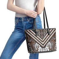 Maori Tukutuku Taniko Motifs Leather Tote Bag Brown Poutama Mix Kowhaiwhai LT7 - Polynesian Pride