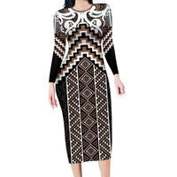 Maori Tukutuku Taniko Motifs Long Sleeve Bodycon Dress Brown Poutama Mix Kowhaiwhai LT7 Long Dress Brown - Polynesian Pride