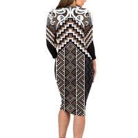 Maori Tukutuku Taniko Motifs Long Sleeve Bodycon Dress Brown Poutama Mix Kowhaiwhai LT7 - Polynesian Pride