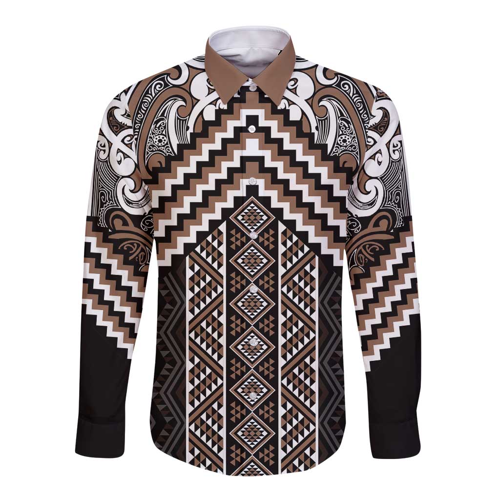 Maori Tukutuku Taniko Motifs Long Sleeve Button Shirt Brown Poutama Mix Kowhaiwhai LT7 Unisex Brown - Polynesian Pride