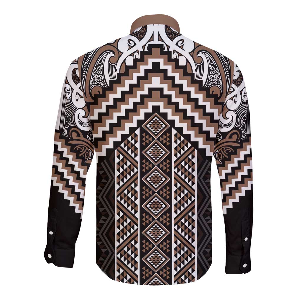 Maori Tukutuku Taniko Motifs Long Sleeve Button Shirt Brown Poutama Mix Kowhaiwhai LT7 - Polynesian Pride