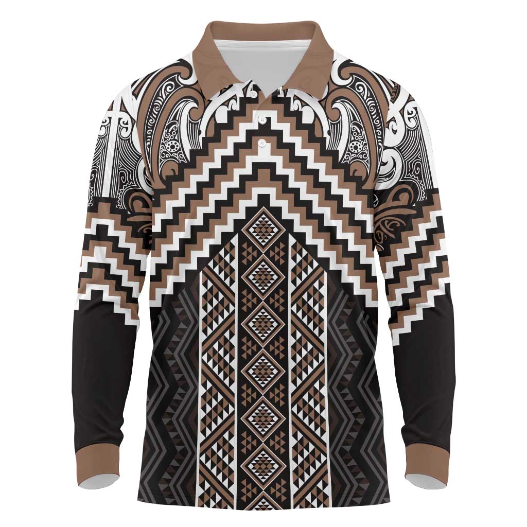 Maori Tukutuku Taniko Motifs Long Sleeve Polo Shirt Brown Poutama Mix Kowhaiwhai LT7 Brown - Polynesian Pride