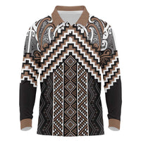 Maori Tukutuku Taniko Motifs Long Sleeve Polo Shirt Brown Poutama Mix Kowhaiwhai LT7 Brown - Polynesian Pride