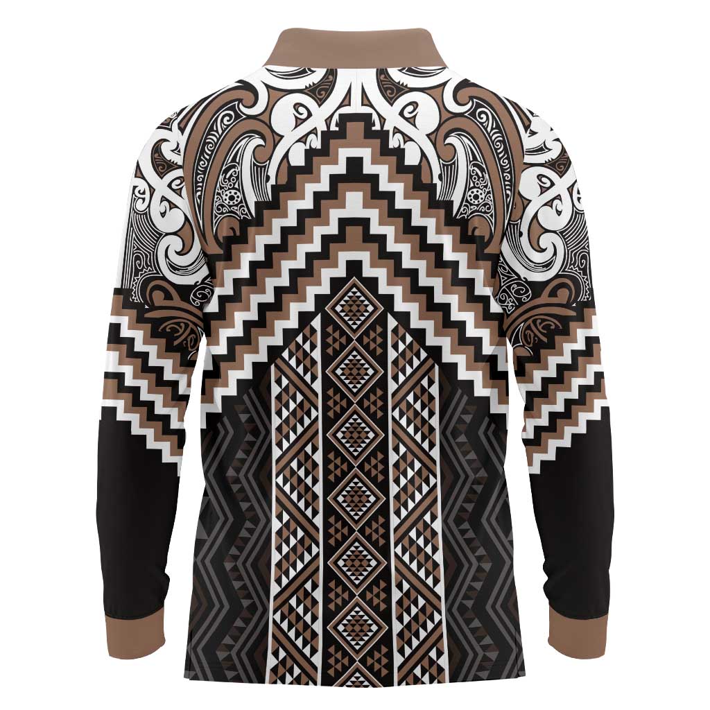 Maori Tukutuku Taniko Motifs Long Sleeve Polo Shirt Brown Poutama Mix Kowhaiwhai LT7 - Polynesian Pride