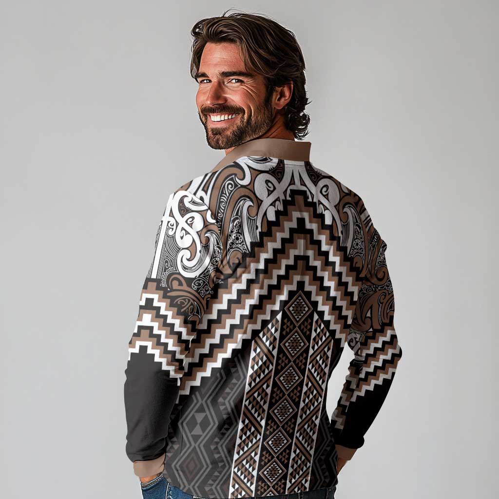 Maori Tukutuku Taniko Motifs Long Sleeve Polo Shirt Brown Poutama Mix Kowhaiwhai LT7 - Polynesian Pride