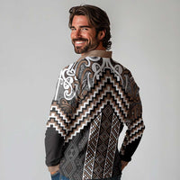 Maori Tukutuku Taniko Motifs Long Sleeve Polo Shirt Brown Poutama Mix Kowhaiwhai LT7 - Polynesian Pride