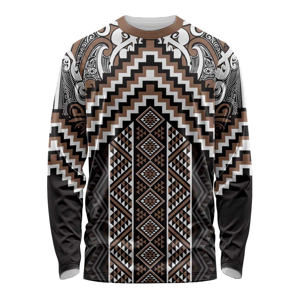 Maori Tukutuku Taniko Motifs Long Sleeve Shirt Brown Poutama Mix Kowhaiwhai LT7 Unisex Brown - Polynesian Pride