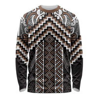 Maori Tukutuku Taniko Motifs Long Sleeve Shirt Brown Poutama Mix Kowhaiwhai LT7 Unisex Brown - Polynesian Pride