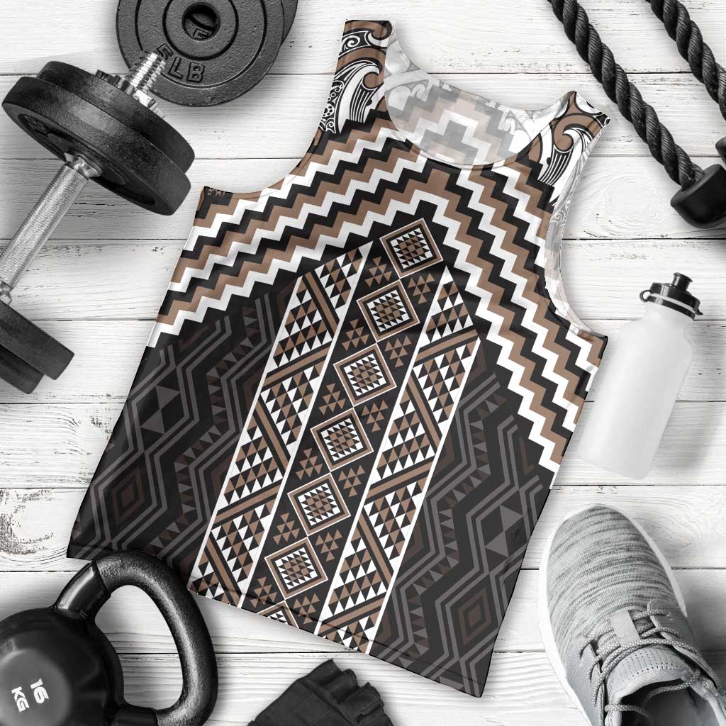 Maori Tukutuku Taniko Motifs Men Tank Top Brown Poutama Mix Kowhaiwhai LT7 - Polynesian Pride