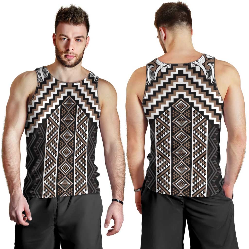 Maori Tukutuku Taniko Motifs Men Tank Top Brown Poutama Mix Kowhaiwhai LT7 - Polynesian Pride