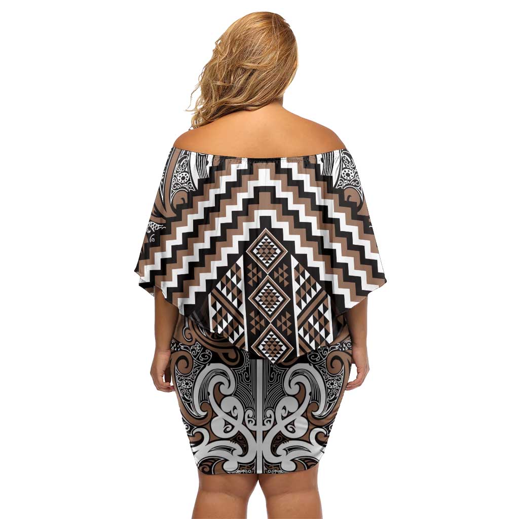 Maori Tukutuku Taniko Motifs Off Shoulder Short Dress Brown Poutama Mix Kowhaiwhai LT7 - Polynesian Pride