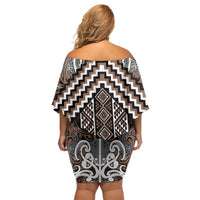 Maori Tukutuku Taniko Motifs Off Shoulder Short Dress Brown Poutama Mix Kowhaiwhai LT7 - Polynesian Pride