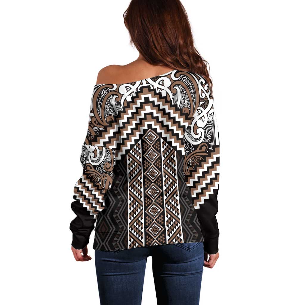 Maori Tukutuku Taniko Motifs Off Shoulder Sweater Brown Poutama Mix Kowhaiwhai LT7 - Polynesian Pride