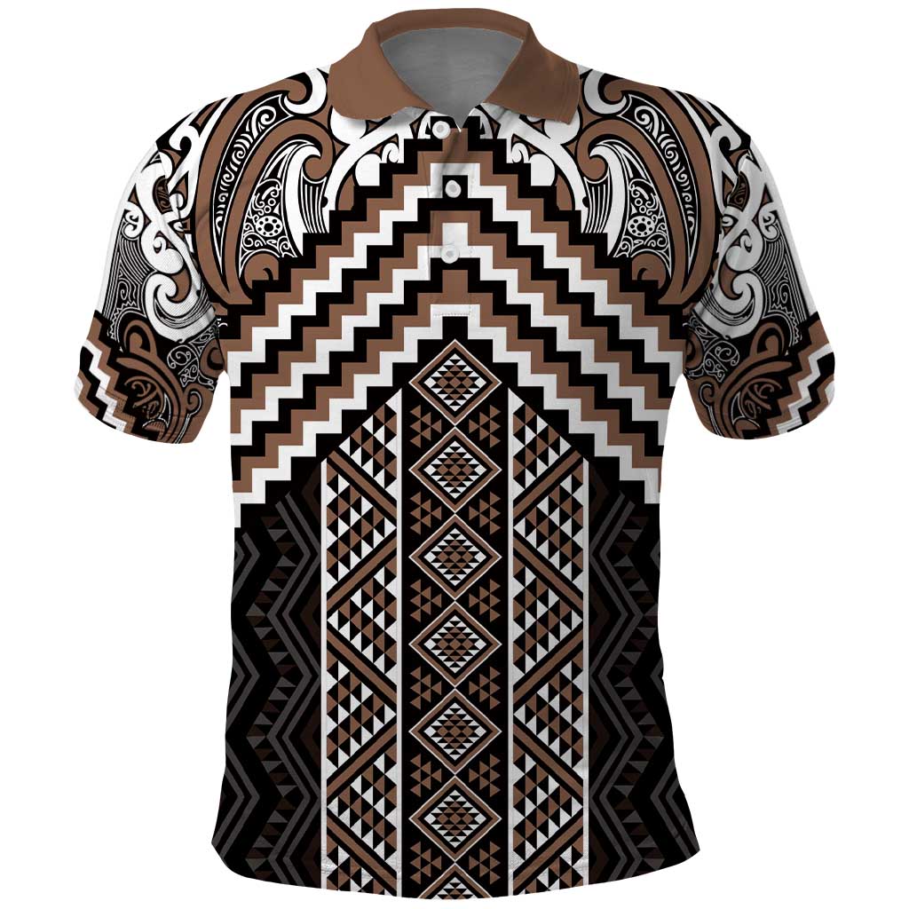 Maori Tukutuku Taniko Motifs Polo Shirt Brown Poutama Mix Kowhaiwhai LT7 Brown - Polynesian Pride