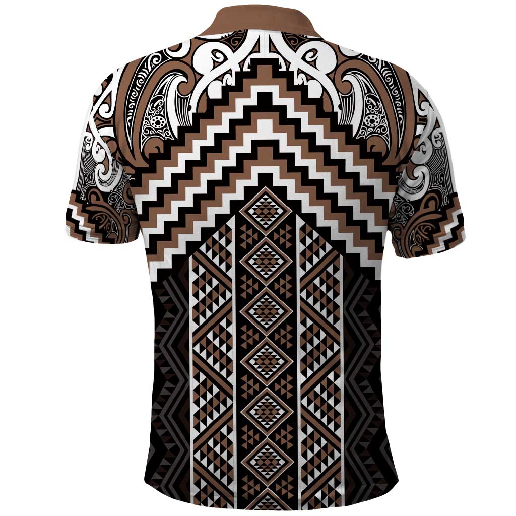 Maori Tukutuku Taniko Motifs Polo Shirt Brown Poutama Mix Kowhaiwhai LT7 - Polynesian Pride