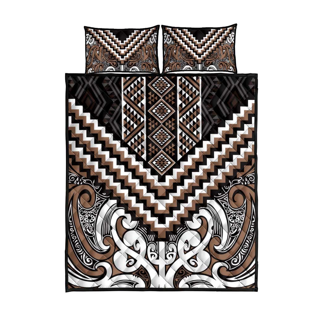 Maori Tukutuku Taniko Motifs Quilt Bed Set Brown Poutama Mix Kowhaiwhai LT7 - Polynesian Pride