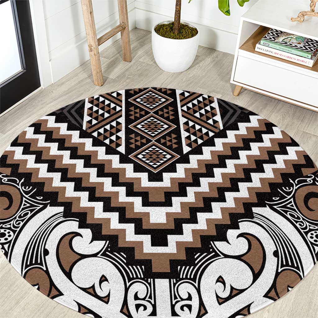 Maori Tukutuku Taniko Motifs Round Carpet Brown Poutama Mix Kowhaiwhai LT7 Brown - Polynesian Pride