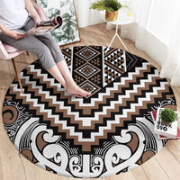 Maori Tukutuku Taniko Motifs Round Carpet Brown Poutama Mix Kowhaiwhai LT7 - Polynesian Pride