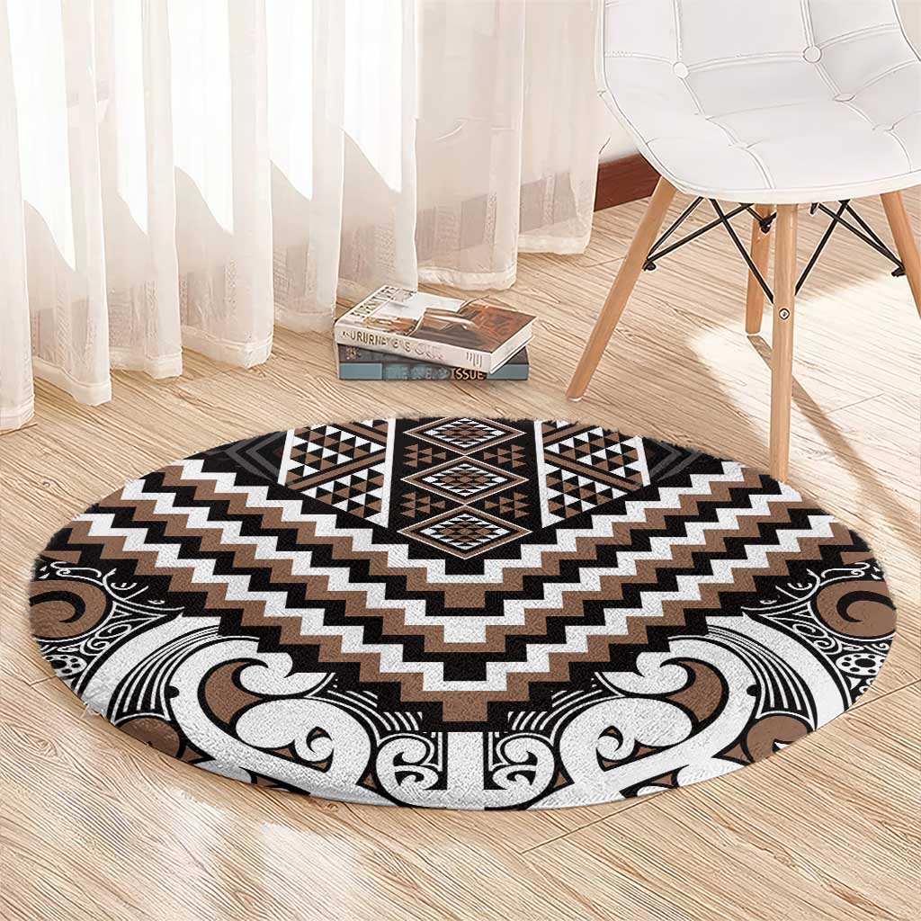 Maori Tukutuku Taniko Motifs Round Carpet Brown Poutama Mix Kowhaiwhai LT7 - Polynesian Pride