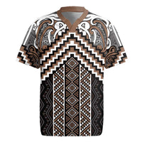 Maori Tukutuku Taniko Motifs Rugby Jersey Brown Poutama Mix Kowhaiwhai LT7 Brown - Polynesian Pride