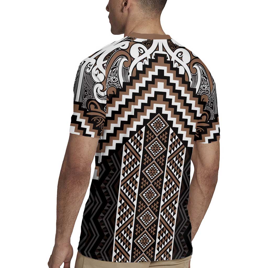 Maori Tukutuku Taniko Motifs Rugby Jersey Brown Poutama Mix Kowhaiwhai LT7 - Polynesian Pride