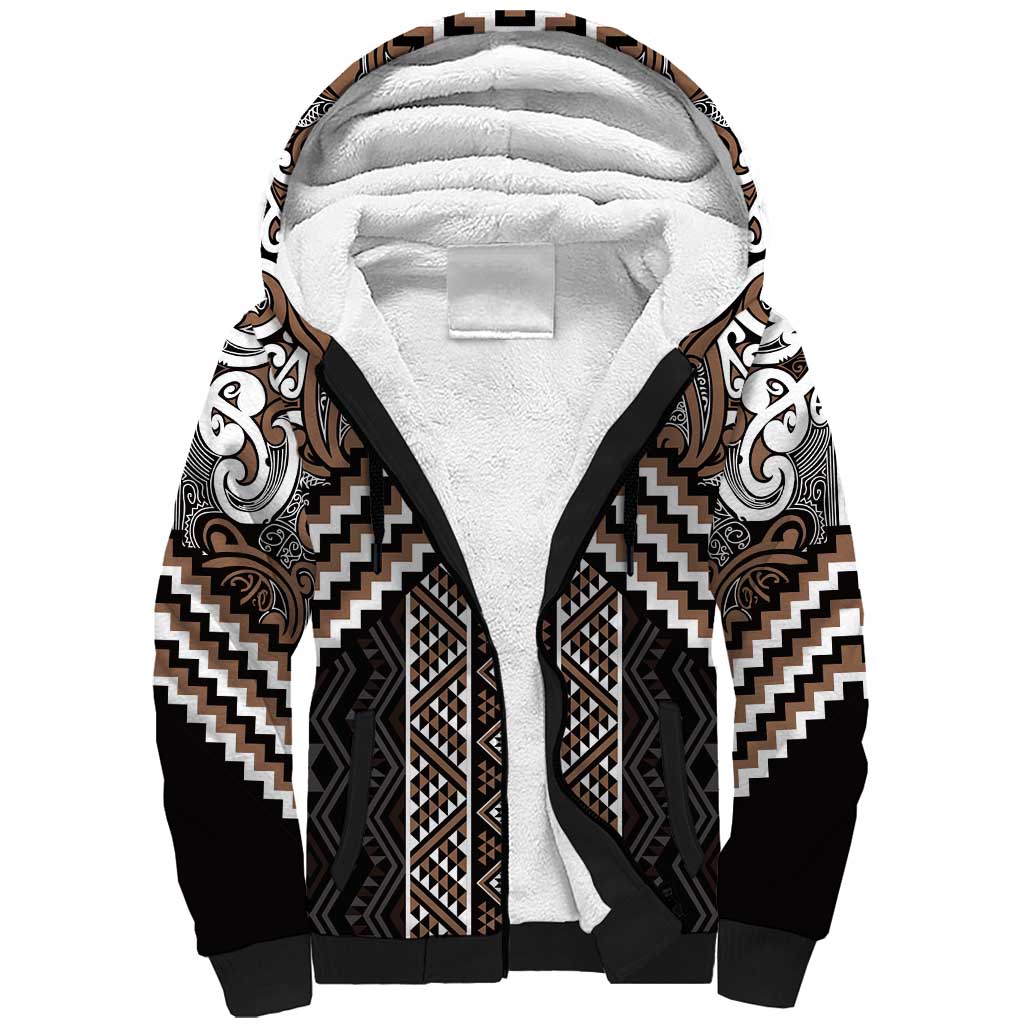 Maori Tukutuku Taniko Motifs Sherpa Hoodie Brown Poutama Mix Kowhaiwhai LT7 Unisex Brown - Polynesian Pride