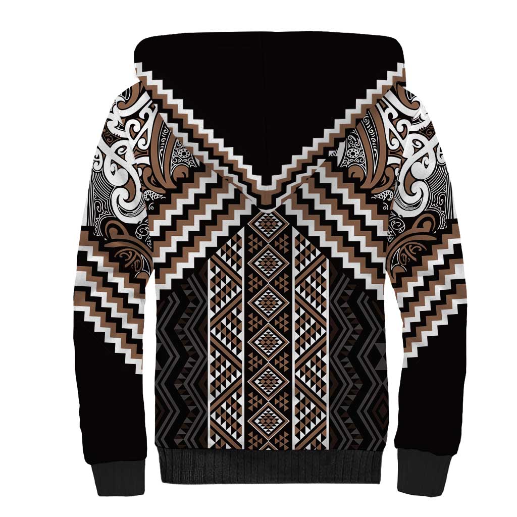 Maori Tukutuku Taniko Motifs Sherpa Hoodie Brown Poutama Mix Kowhaiwhai LT7 - Polynesian Pride