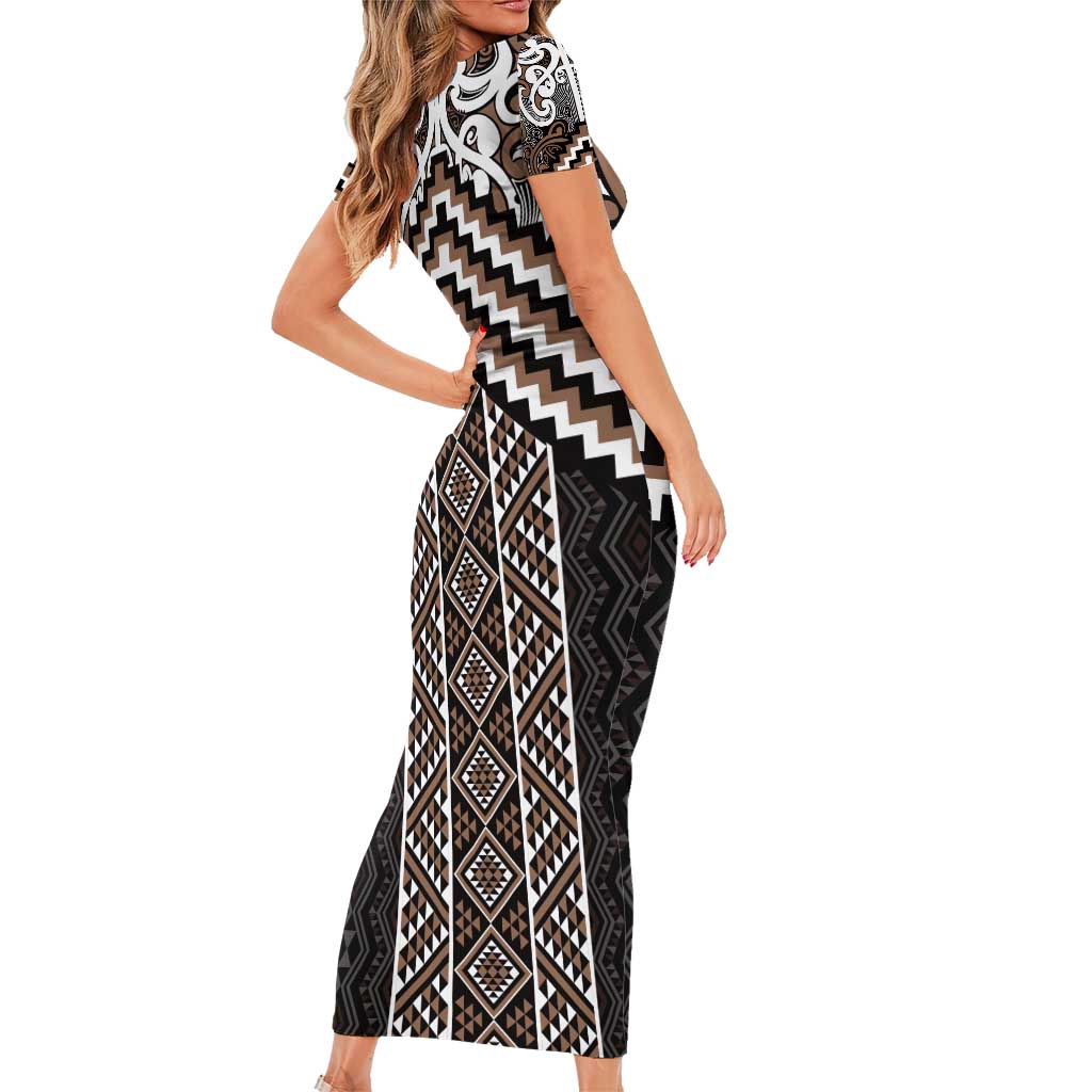 Maori Tukutuku Taniko Motifs Short Sleeve Bodycon Dress Brown Poutama Mix Kowhaiwhai LT7 - Polynesian Pride
