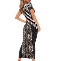 Maori Tukutuku Taniko Motifs Short Sleeve Bodycon Dress Brown Poutama Mix Kowhaiwhai LT7 - Polynesian Pride