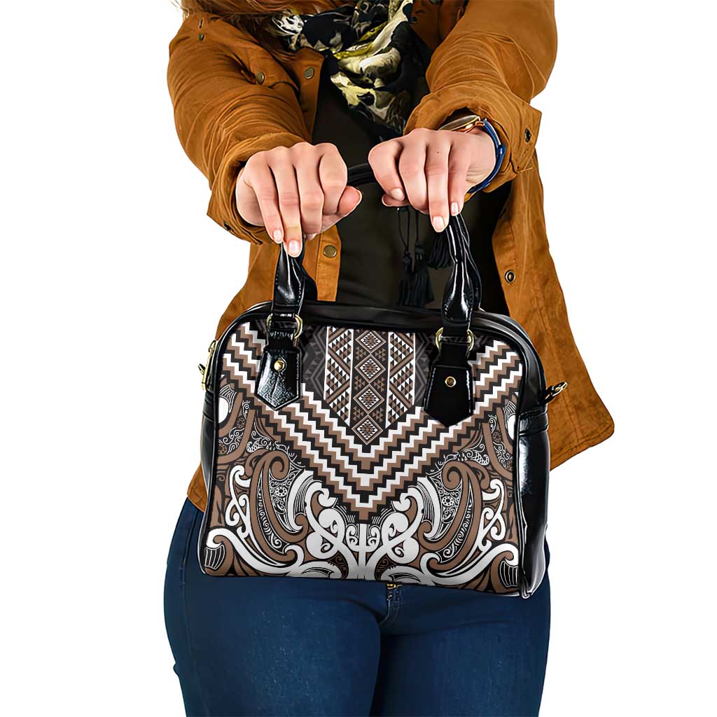 Maori Tukutuku Taniko Motifs Shoulder Handbag Brown Poutama Mix Kowhaiwhai LT7 One Size Brown - Polynesian Pride