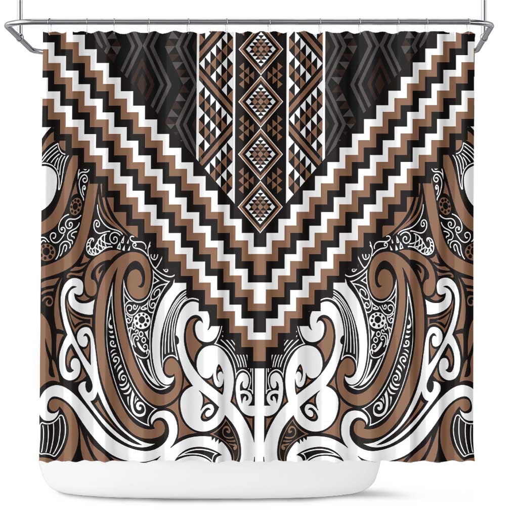 Maori Tukutuku Taniko Motifs Shower Curtain Brown Poutama Mix Kowhaiwhai LT7 Brown - Polynesian Pride