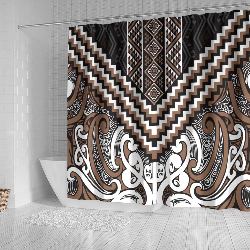 Maori Tukutuku Taniko Motifs Shower Curtain Brown Poutama Mix Kowhaiwhai LT7 - Polynesian Pride