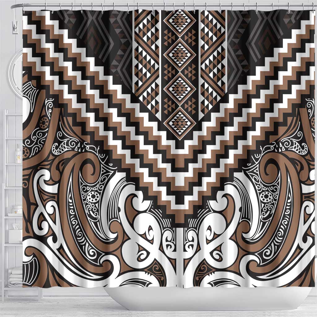 Maori Tukutuku Taniko Motifs Shower Curtain Brown Poutama Mix Kowhaiwhai LT7 - Polynesian Pride