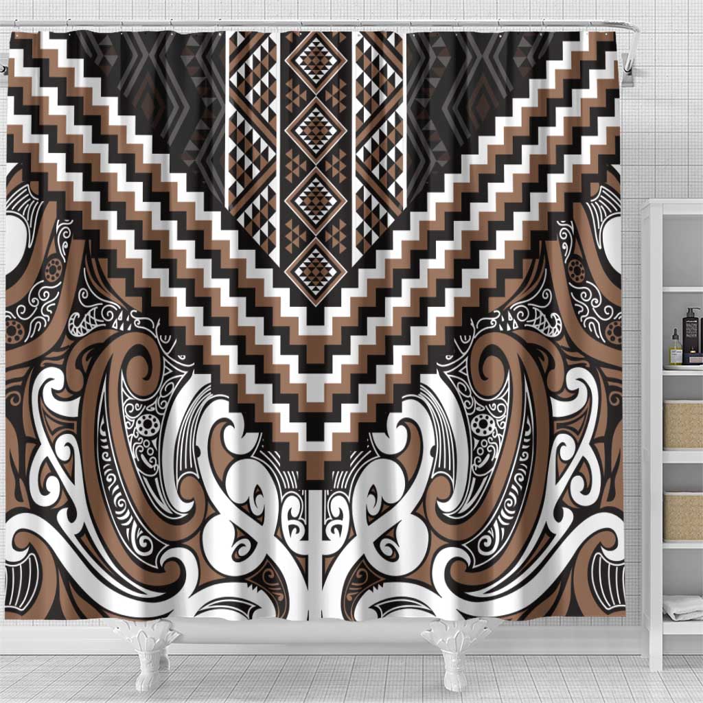 Maori Tukutuku Taniko Motifs Shower Curtain Brown Poutama Mix Kowhaiwhai LT7 - Polynesian Pride