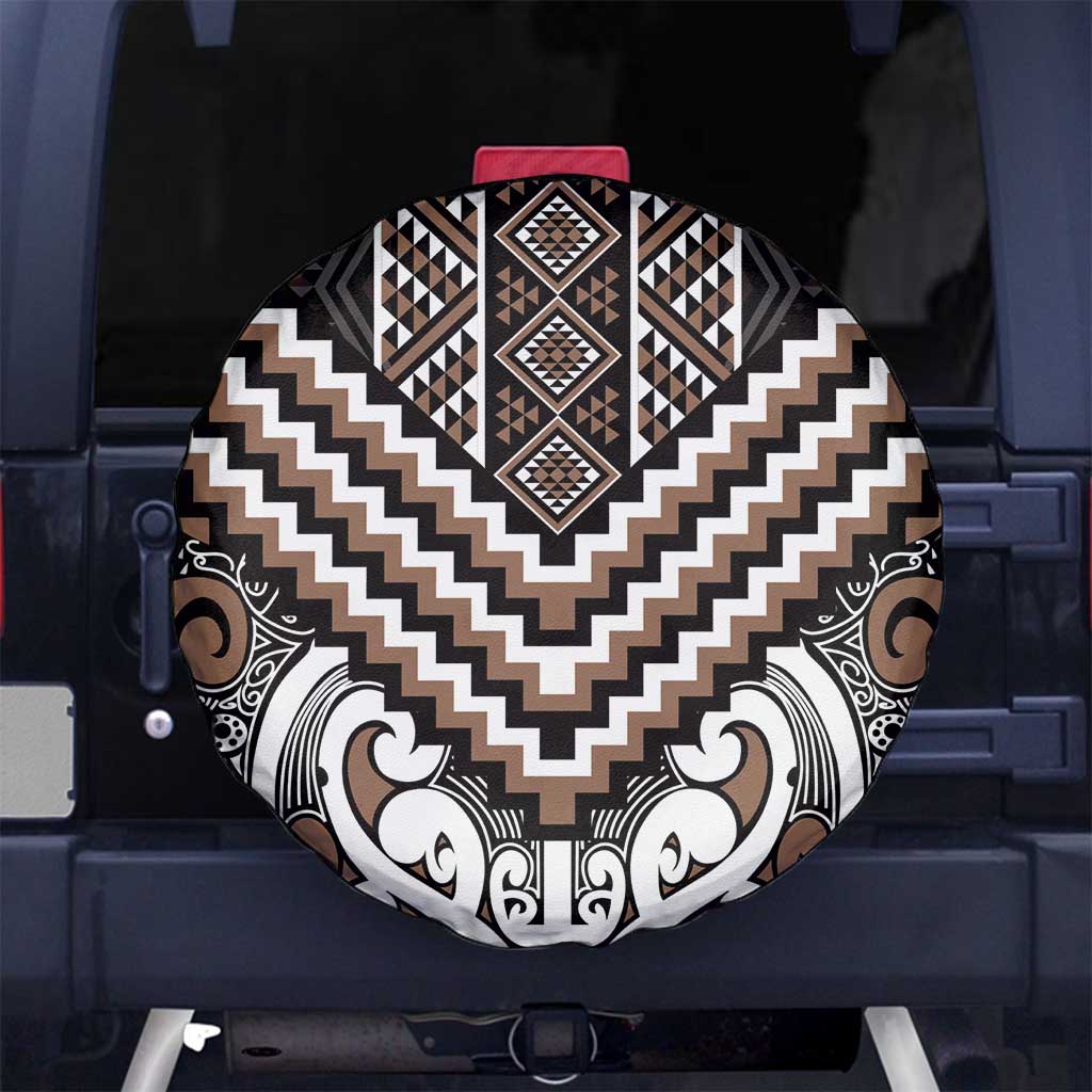 Maori Tukutuku Taniko Motifs Spare Tire Cover Brown Poutama Mix Kowhaiwhai LT7 No hole Brown - Polynesian Pride