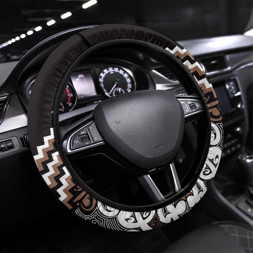 Maori Tukutuku Taniko Motifs Steering Wheel Cover Brown Poutama Mix Kowhaiwhai LT7 Universal Fit Brown - Polynesian Pride