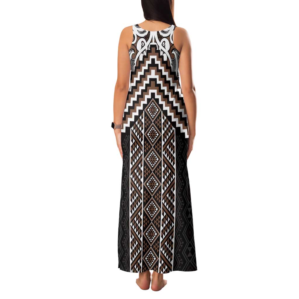 Maori Tukutuku Taniko Motifs Tank Maxi Dress Brown Poutama Mix Kowhaiwhai LT7 - Polynesian Pride