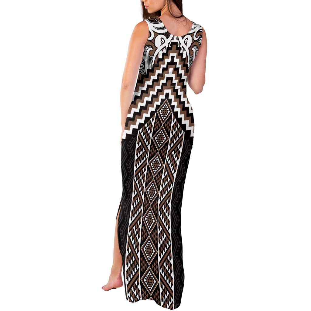 Maori Tukutuku Taniko Motifs Tank Maxi Dress Brown Poutama Mix Kowhaiwhai LT7 - Polynesian Pride