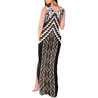 Maori Tukutuku Taniko Motifs Tank Maxi Dress Brown Poutama Mix Kowhaiwhai LT7 - Polynesian Pride