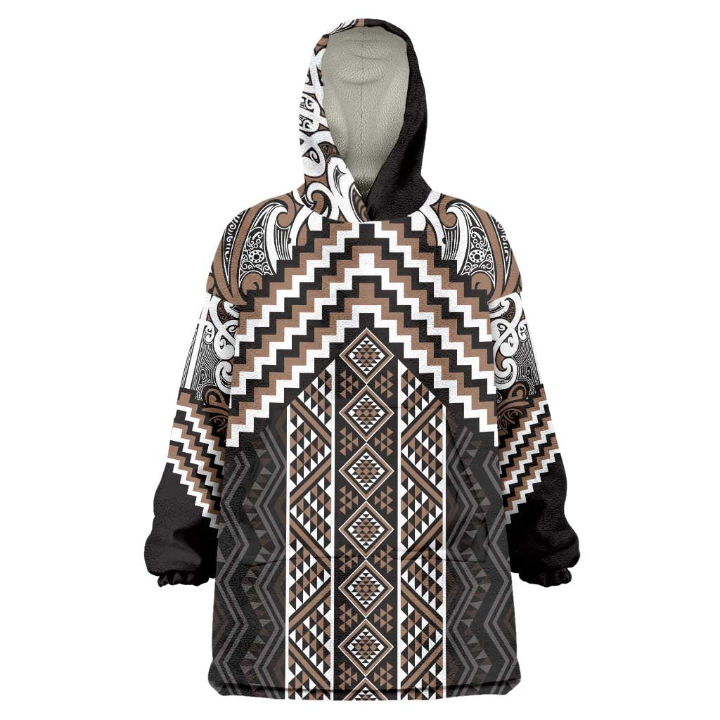 Maori Tukutuku Taniko Motifs Wearable Blanket Hoodie Brown Poutama Mix Kowhaiwhai LT7 One Size Brown - Polynesian Pride